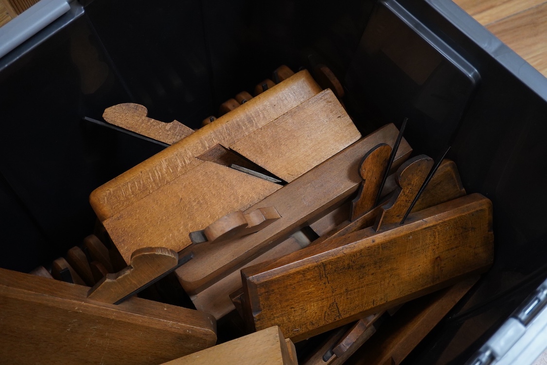 Fifty early 20th century woodworking moulding planes, etc. by John Moseley & Son, London, A.Mathieson & Son, Glasgow, Buck, Tottenham Court Road, Preston, Christopher Johnson & Co., Malloch & Son, Perth, most with the bo